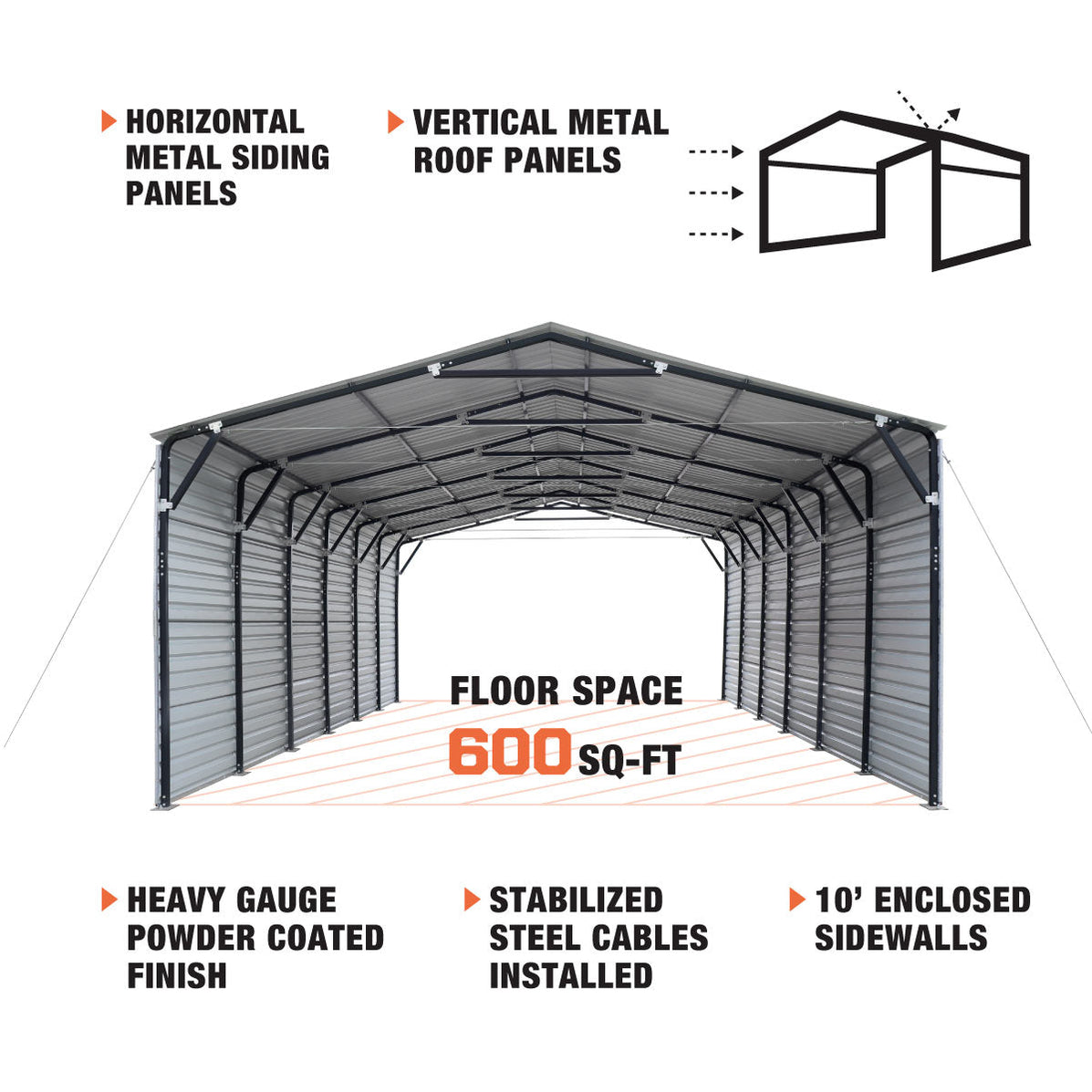 TMG Industrial 20’ x 30’ Metal Shed Carport, 10’ Enclosed Sidewalls, 6 ...