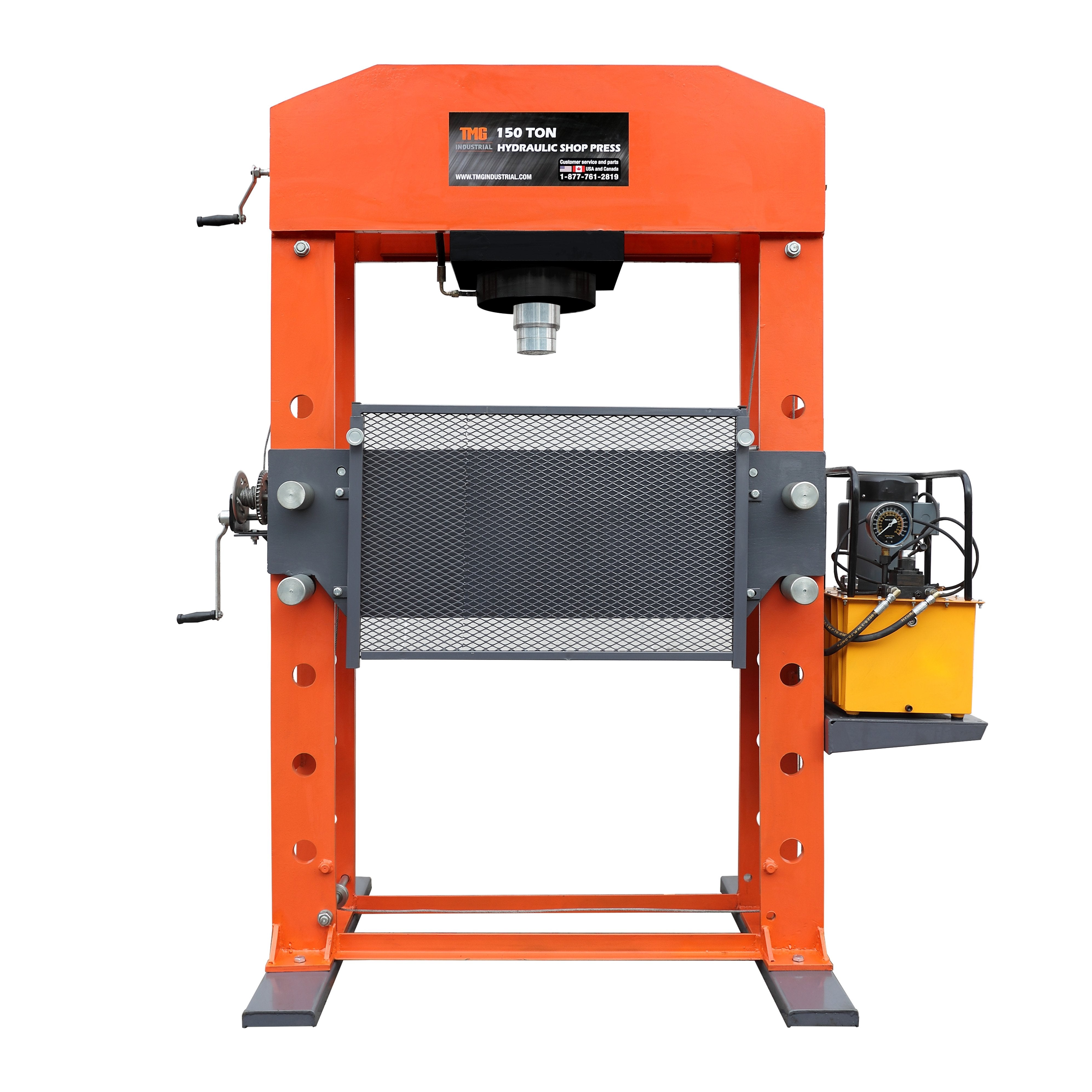 TMG Industrial 150 Ton Capacity Hydraulic Shop Press, Heavy Duty Pressing,  Protective Grid Guard, Fully Welded H-Frame, Air & Manual Dual Operation, 