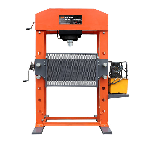 TMG Industrial 100 Ton Capacity Hydraulic Shop Press, Heavy Duty Pressing,  Protective Grid Guard, Fully Welded H-Frame, Air & Manual Dual Operation