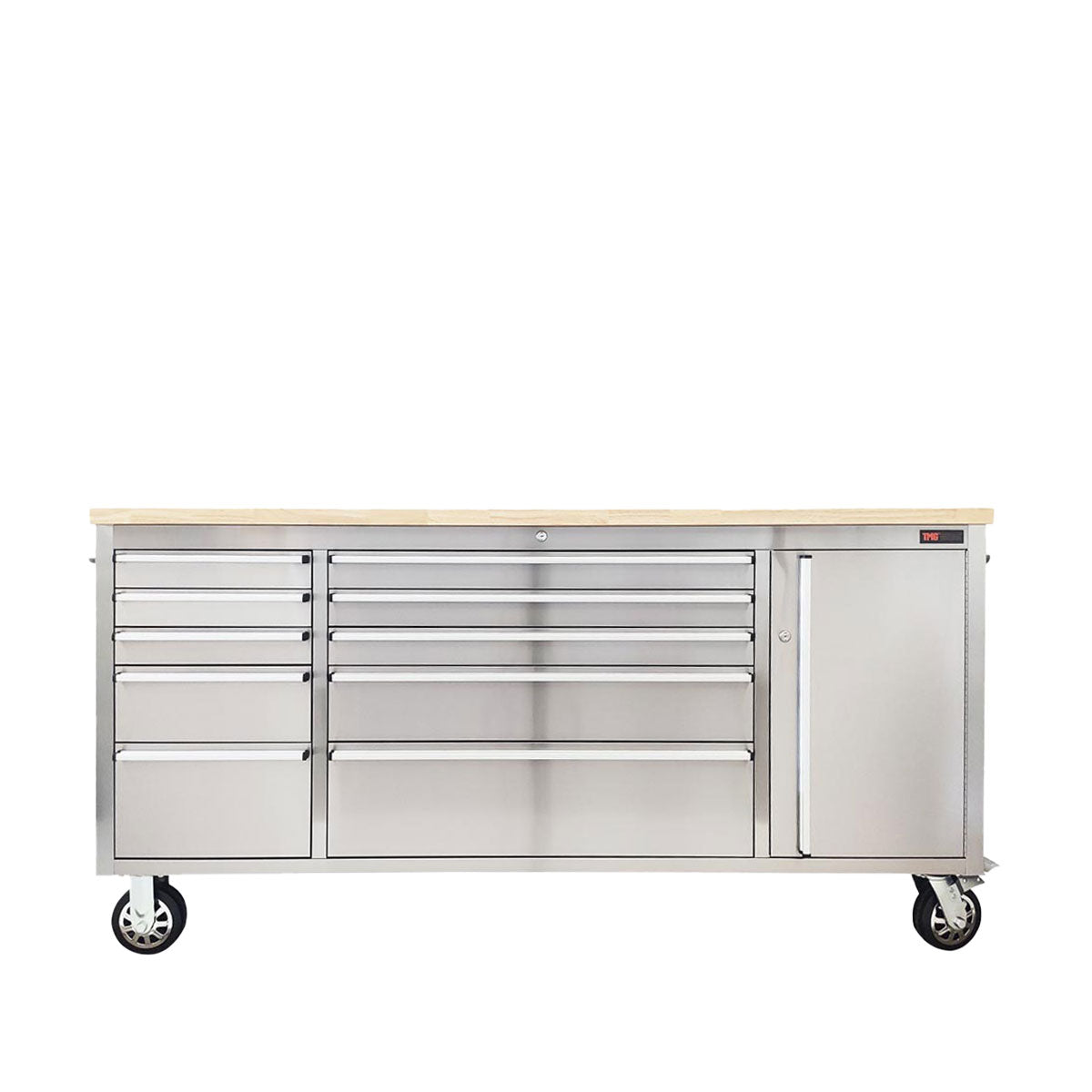 TMG Industrial 72” Stainless Steel Rolling Workbench, Rubberwood Tabletop,  Lockable Drawers and Cabinet, Locking Wheels, TMG-WB7210S