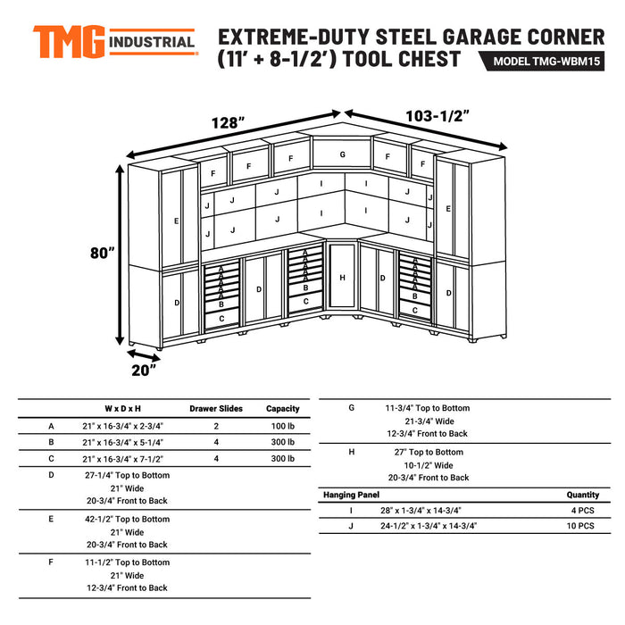 TMG Industrial Extreme-Duty Steel Garage Corner (11’ + 8.5’) Tool Chest w/Pegboard, Power Outlets, USB Port, Magnetic Motion LED Lamps, TMG-WBM15